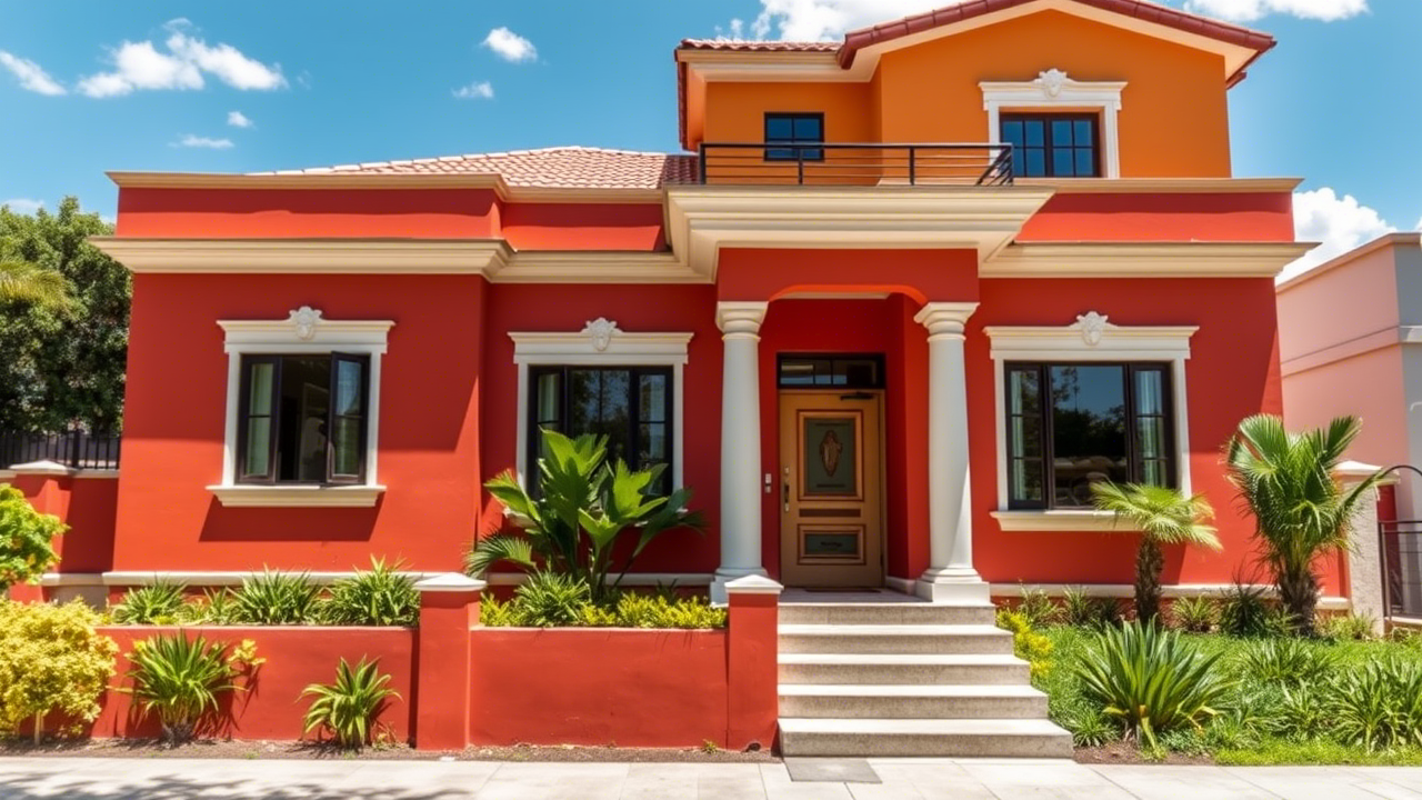 Casa pintada en exterior con colores brillantes