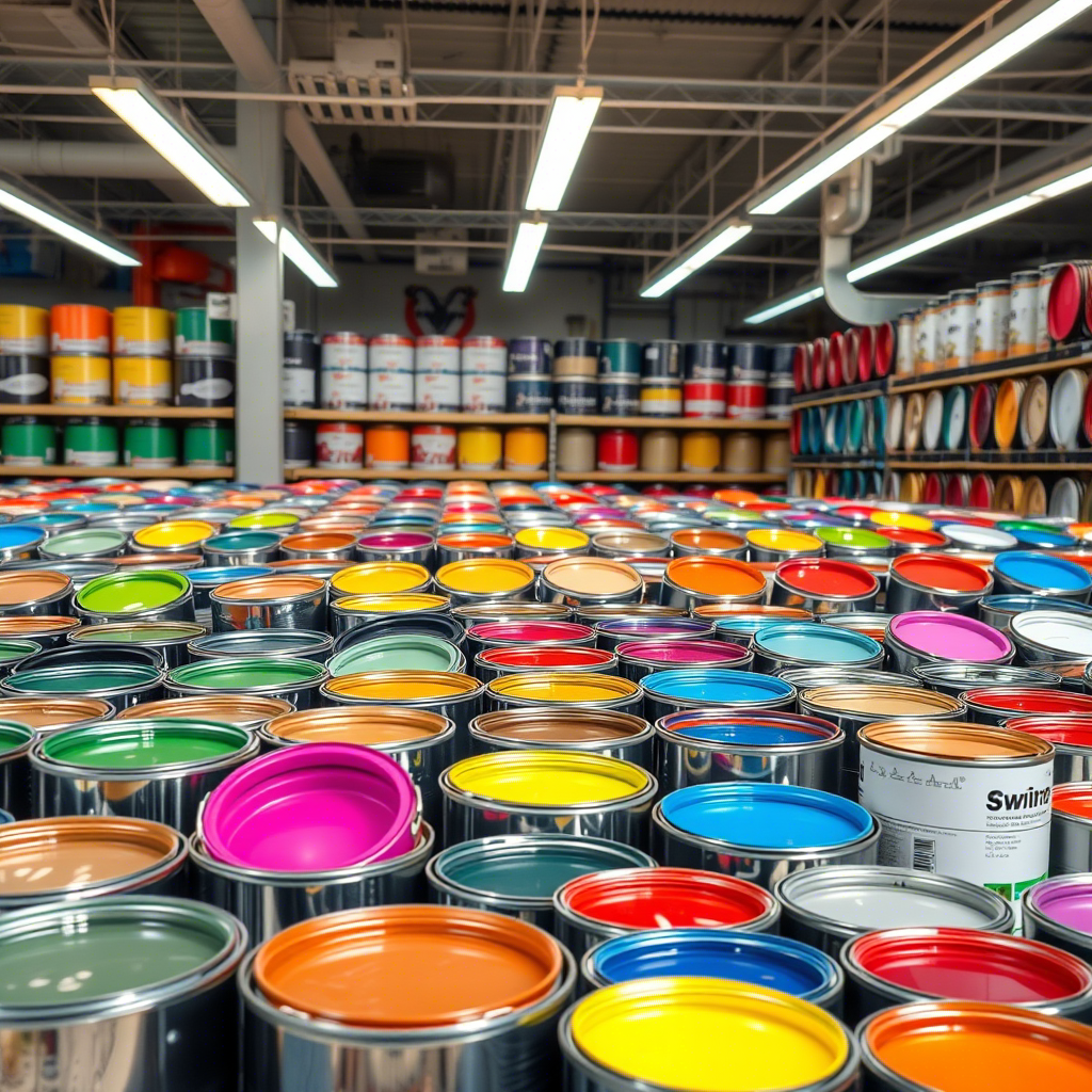 Botes de pintura de distintos colores en la tienda